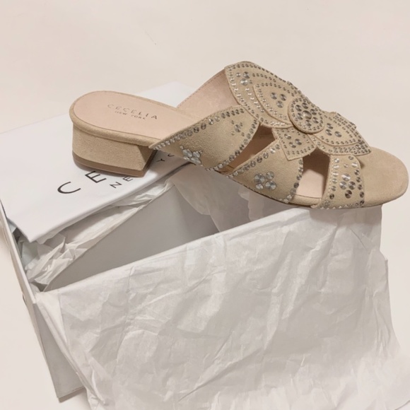 Cecelia New York Martini Micro Stud Sandal Bone Beige Suede Mule Block Heel 10 - Picture 8 of 9